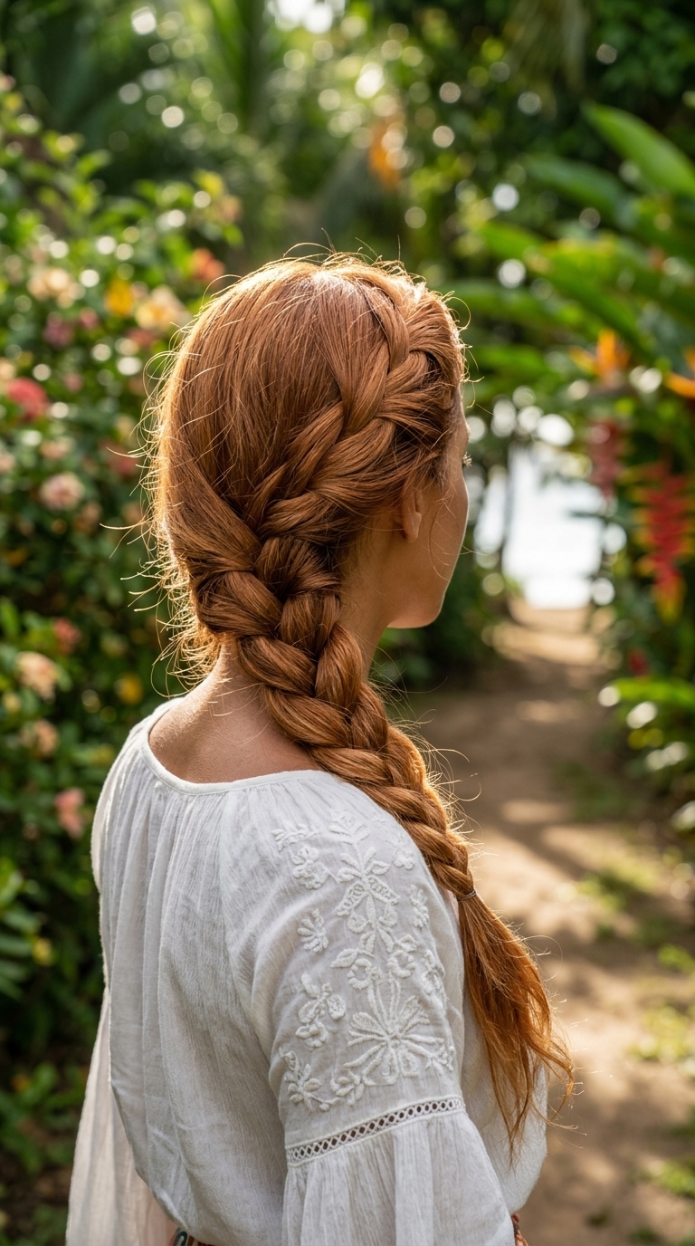 long copper-red side braid with loose texture for outdoor brunch