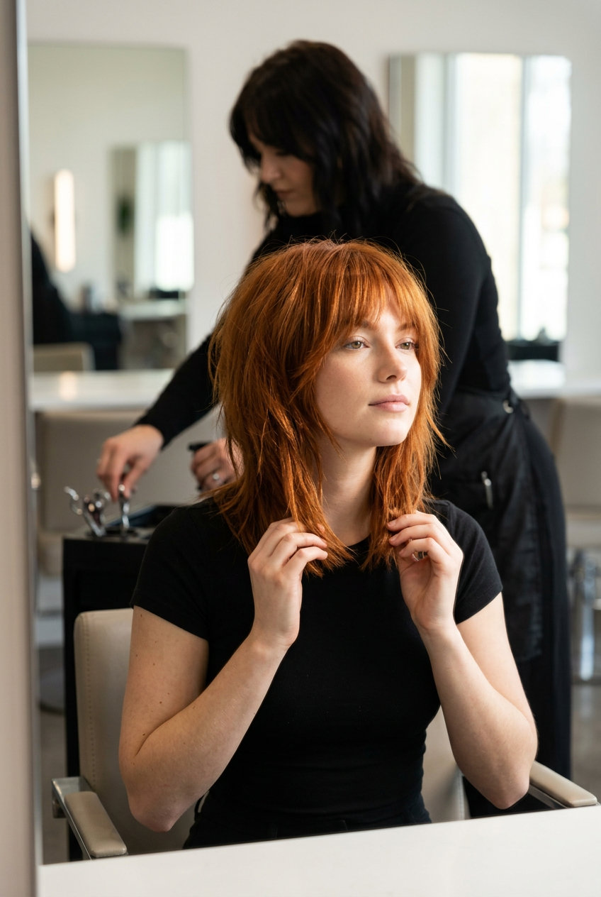 medium-length shag haircut in rich copper red with textured layers and wispy fringe for summer