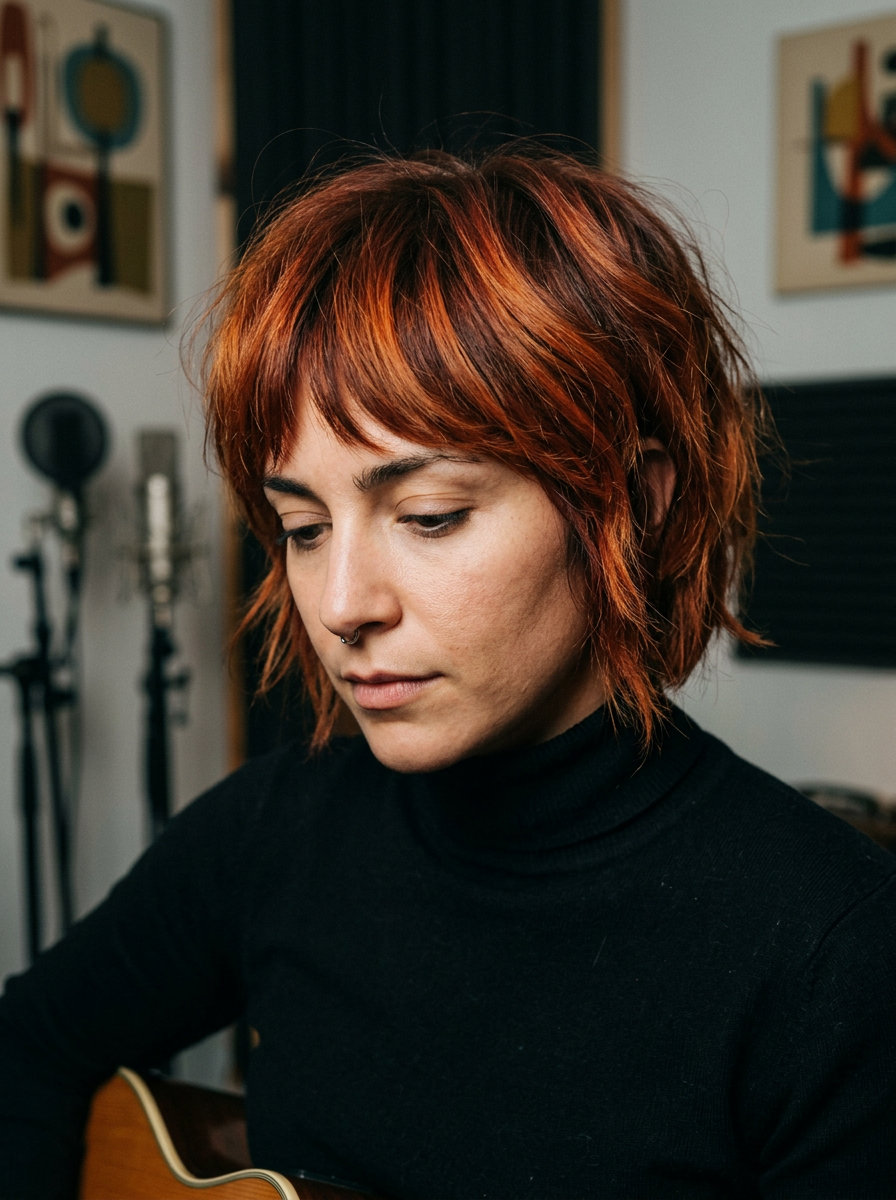 Fiery Copper Red Cub Cut 2026 short cub cut in vibrant copper red with disconnected layers and eye-grazing fringe for festivals