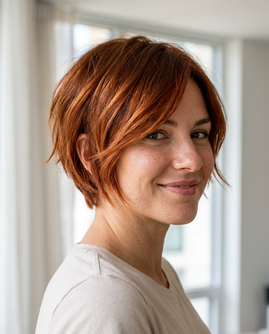 short textured bob haircut with vibrant copper balayage and auburn root for summer