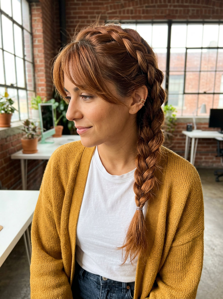 long cowboy copper french braid with caramel ribbons and side-swept bangs for summer work
