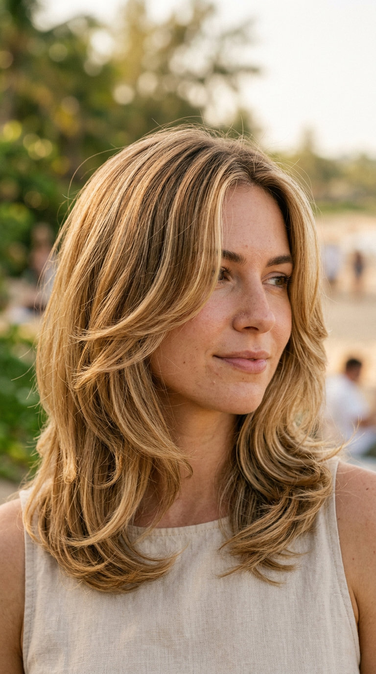Sun-Kissed Butterfly Haircut 2026 medium butterfly haircut with creamy blonde color, feathery layers, no bangs — romantic ethereal style