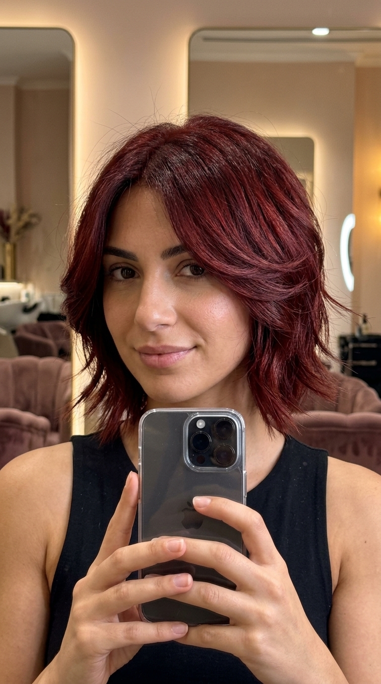 Velvet Crimson Choppy Bob 2026 chin-length choppy bob haircut in deep crimson red with mahogany undertones, sculpted layers, side-swept fringe for formal event