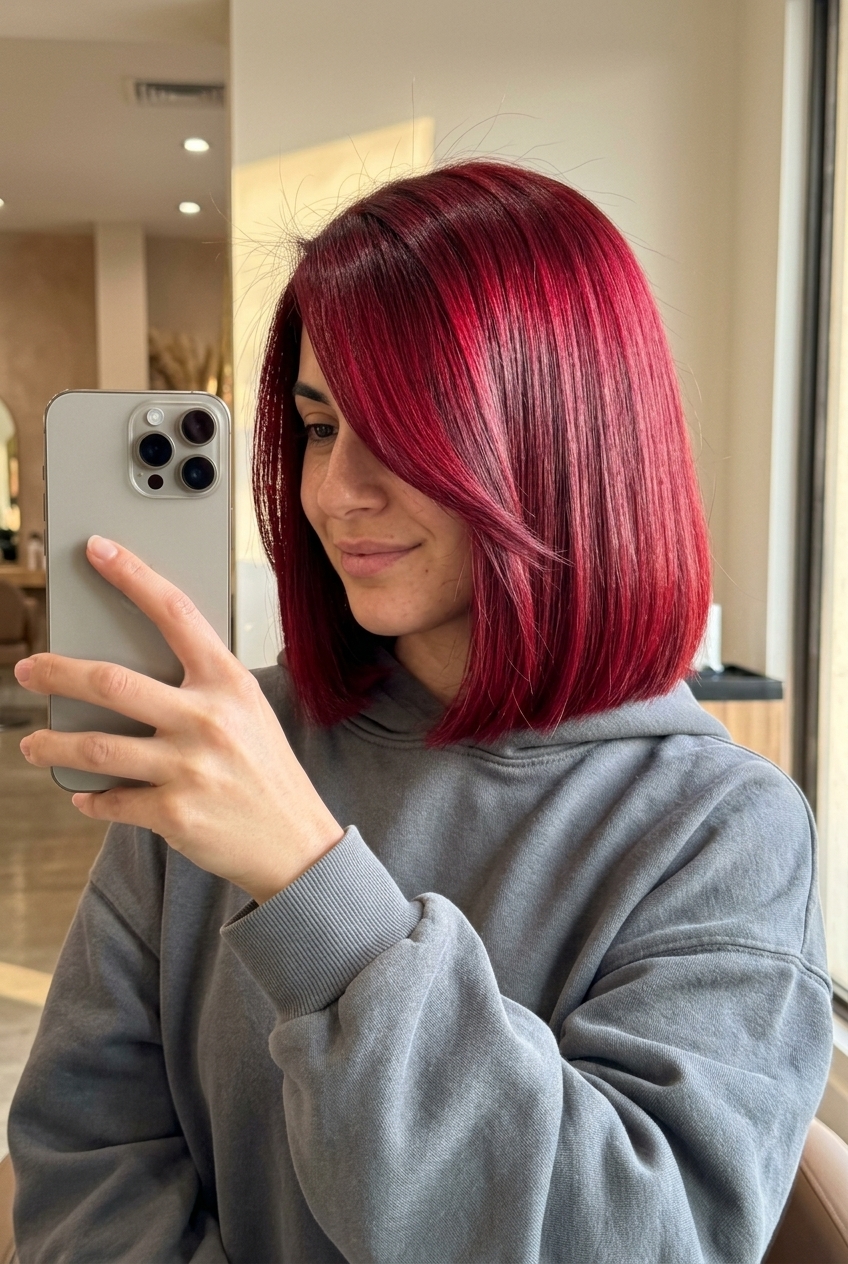 short french bob haircut in saturated crimson red with ruby undertones, blunt jawline perimeter, deep side part — dramatic glamour look