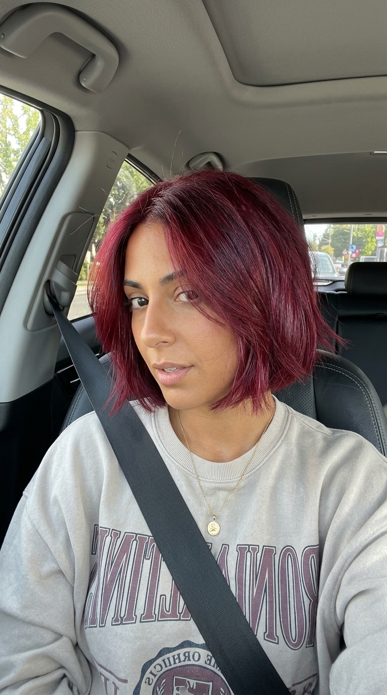 short french bob haircut in crimson red with violet undertones, point-cut ends, no bangs — bold summer look