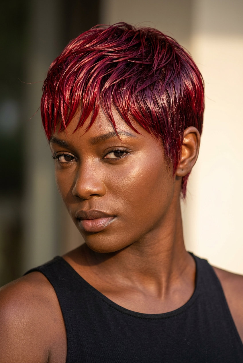short pixie cut with vibrant crimson color, point-cut texture and tapered sides — dramatic gothic romance look