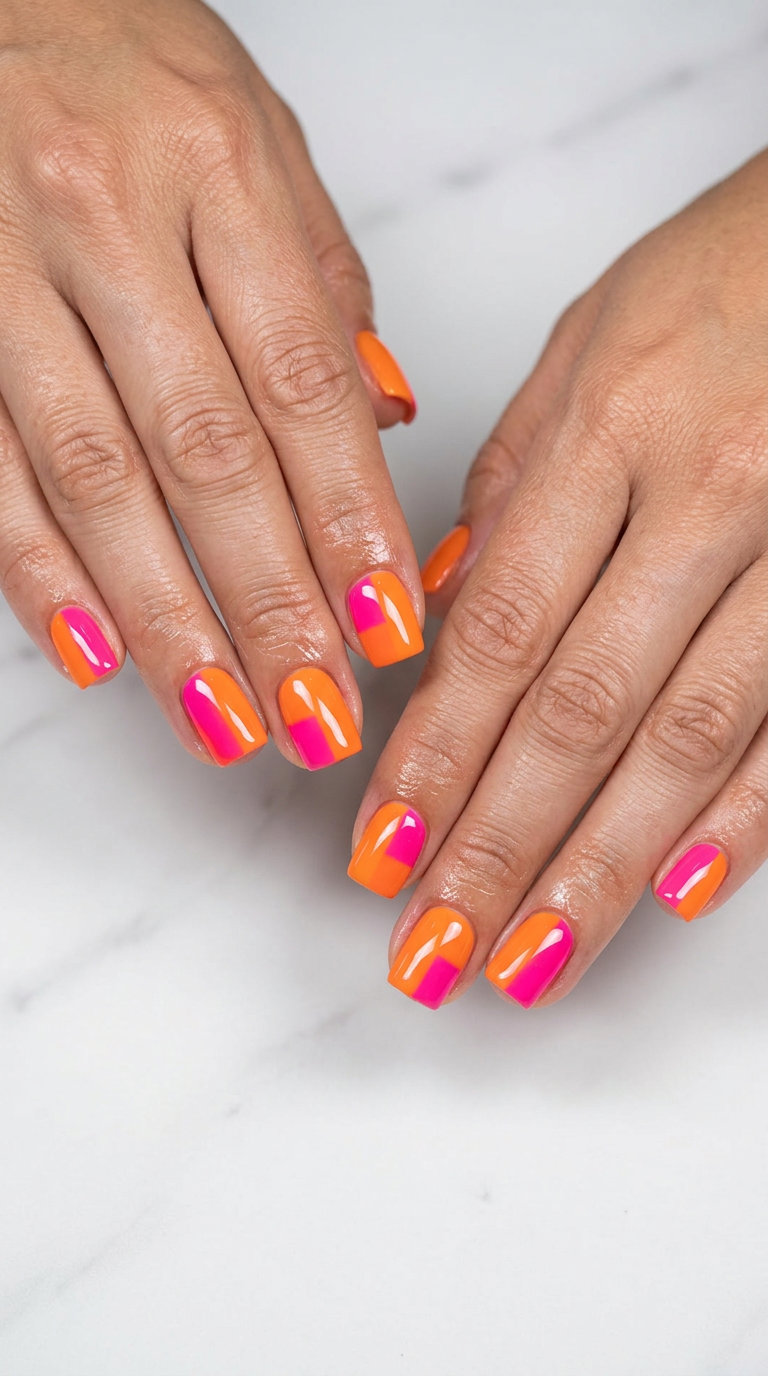 Cute Summer Nails 2026: Color Block Square Cute summer nails 2026: Playful Orange and Pink Color Block Square nails for vacation.