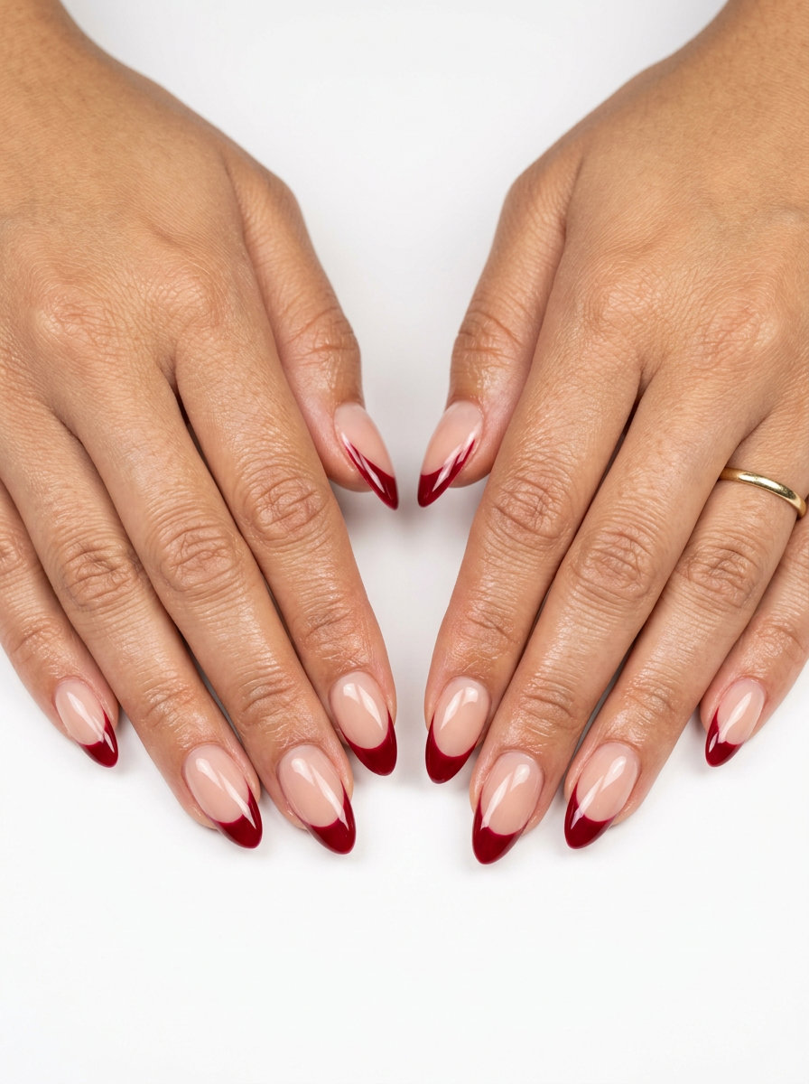 Cute Summer Nails 2026: Crimson Reverse French Cute summer nails 2026: Sheer nude with a deep crimson red reverse French line for a bold look.