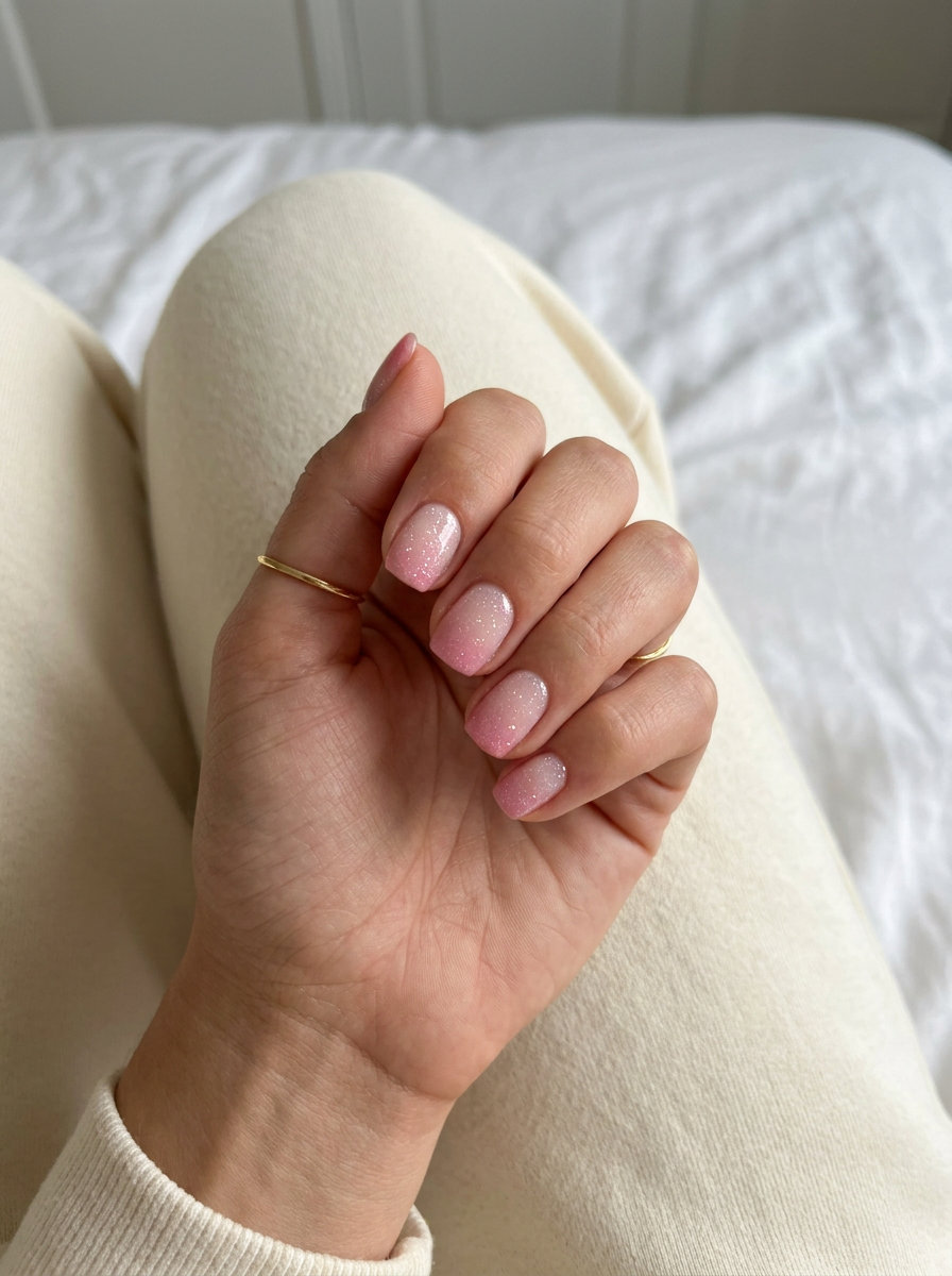 Cute Summer Nails 2026: Glitter Gradient Squoval Cute summer nails 2026: Fairy Dust Glitter Gradient Short Squoval nails for everyday.