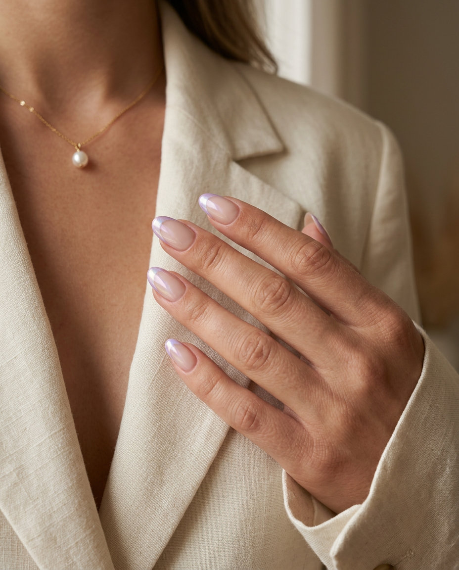 Cute Summer Nails 2026: Lavender Chrome French Cute summer nails 2026: Lavender Chrome French almond nails for weddings.