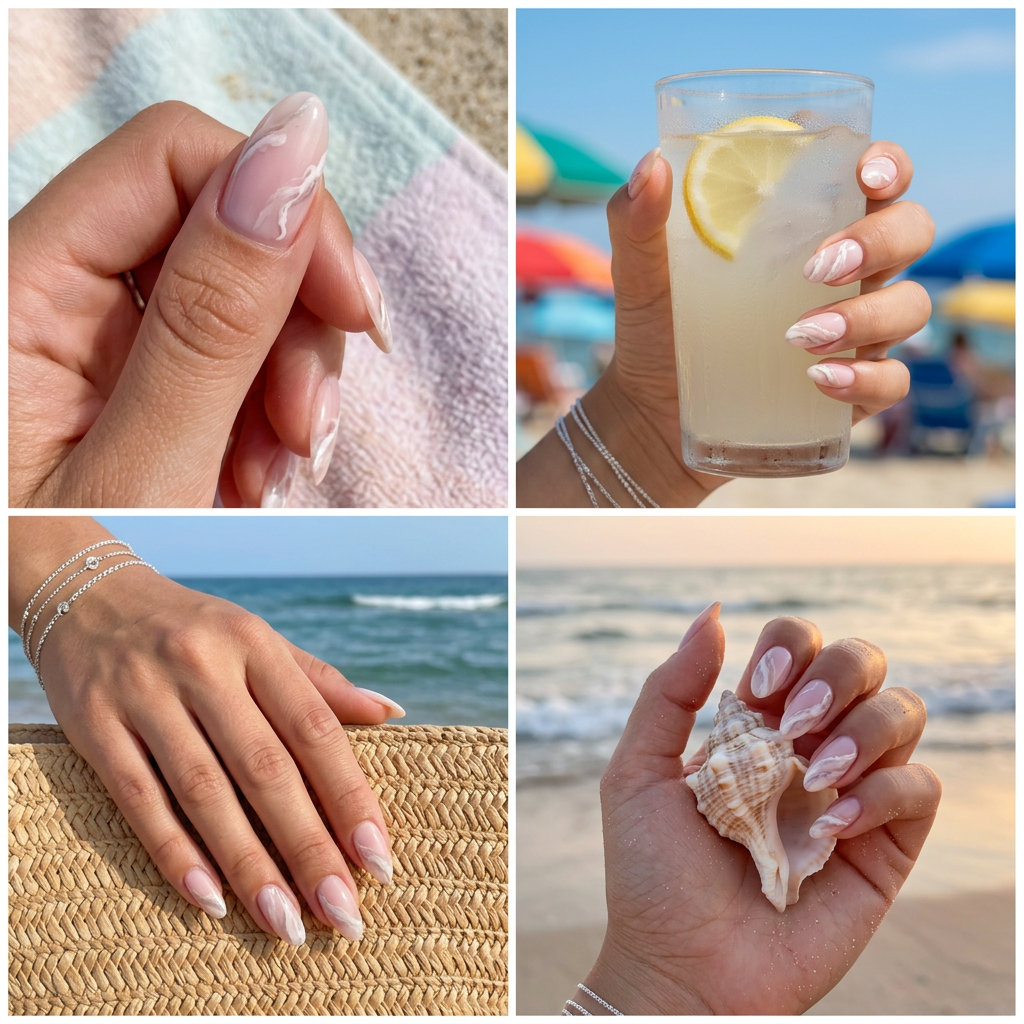 Cute Summer Nails 2026: Marble Pink Almond Bloom Cute summer nails 2026: Marble Pink and White Almond Bloom for wedding guest, bridal shower, or date night. Sophisticated.