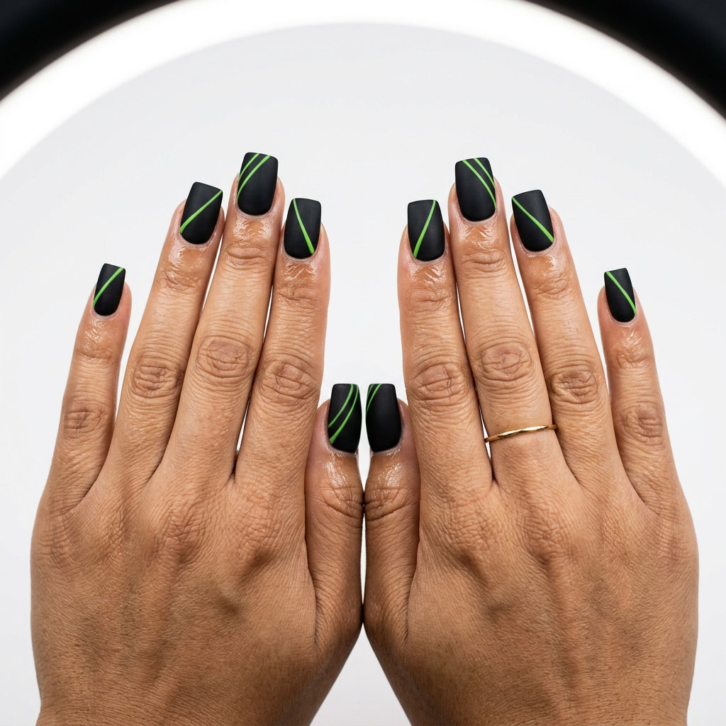 Cute Summer Nails 2026: Matte Lime Geometric Cute summer nails 2026: Matte black with vibrant lime green geometric lines on short square nails.
