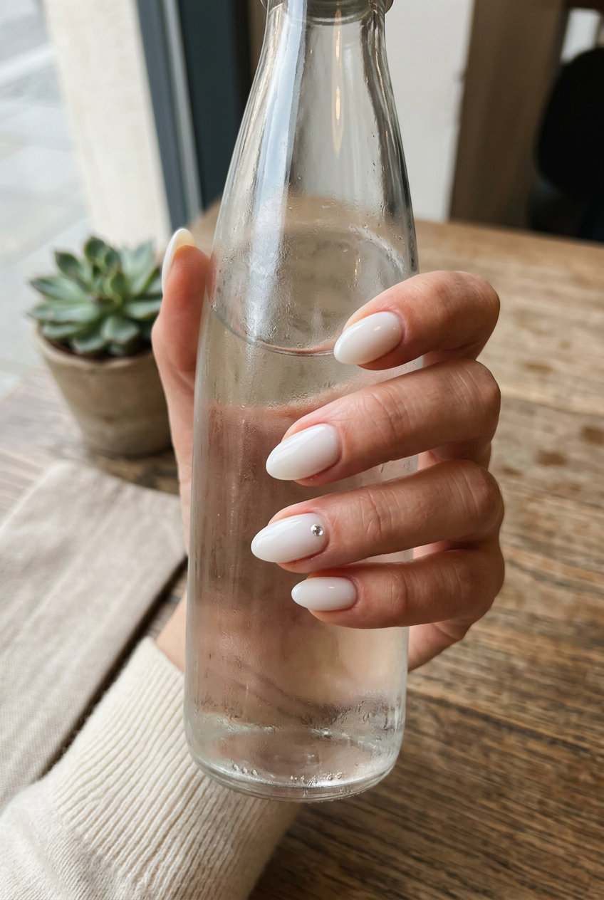 Cute Summer Nails 2026: Milky White Rhinestone Cute summer nails 2026: Milky White With Single Rhinestone Accent squoval nails.