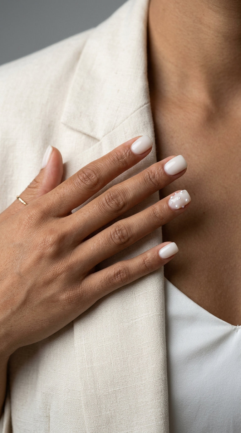 Cute Summer Nails 2026: Milky White Texture Cute summer nails 2026: Milky white gel with subtle pearl or sand texture accent on short nails.