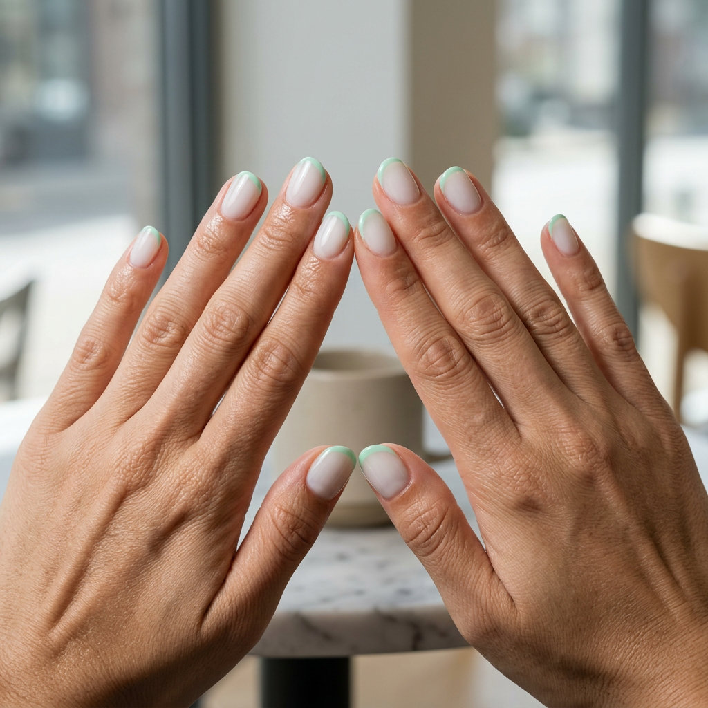 Cute Summer Nails 2026: Minty Micro French Cute summer nails 2026: Minty micro French tip on short squoval nails for a fresh look.