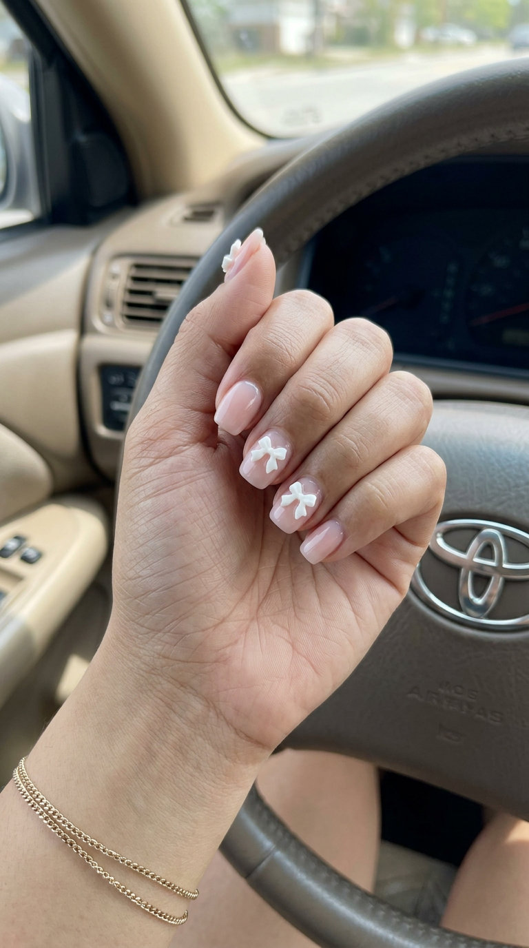 Cute Summer Nails 2026: Sweet Bow Detail Cute summer nails 2026: Milky pink gel with adorable white or pastel 3D bows for a sweet look.