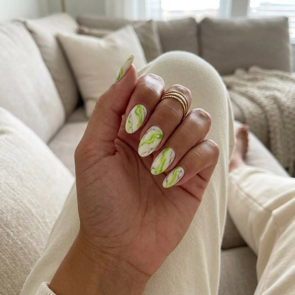 Cute Summer Nails 2026: Marble Almond Cute summer nails 2026: Verdant Marble Swirl Almond nails for date night or brunch.