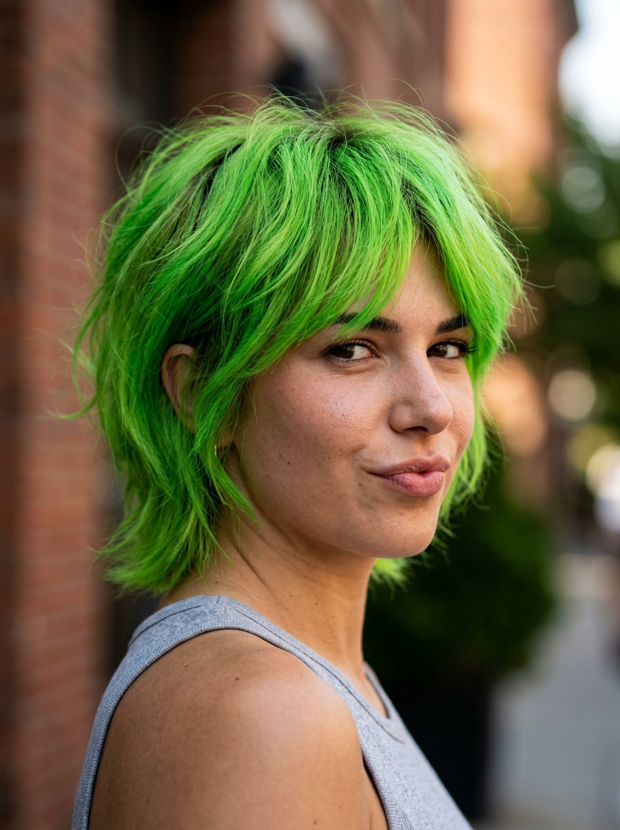 short cyber lime bixie with natural dark root shadow, feathered ends and wispy fringe — playful festival style