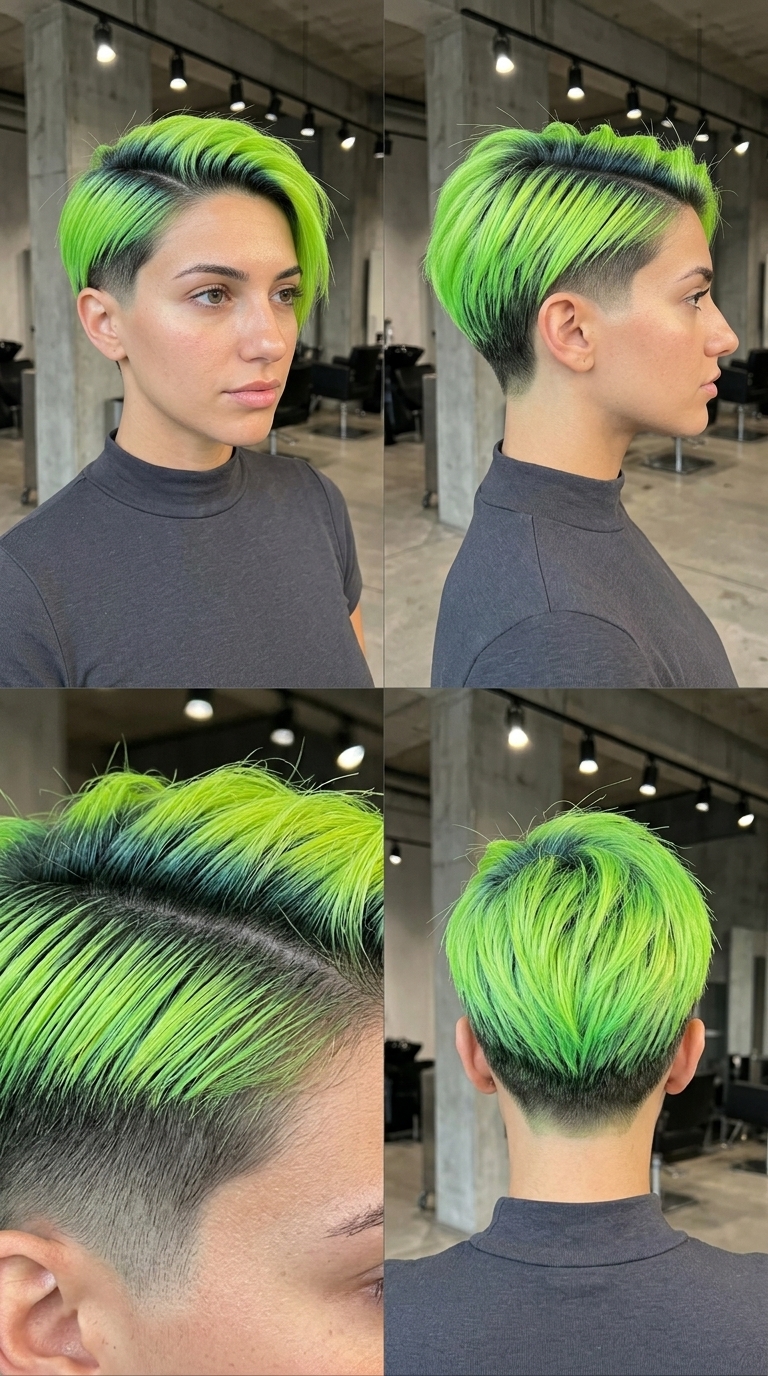 short power crop pixie with cyber lime and blue-black root shadow, sculpted texture and skin fade — futuristic festival cut