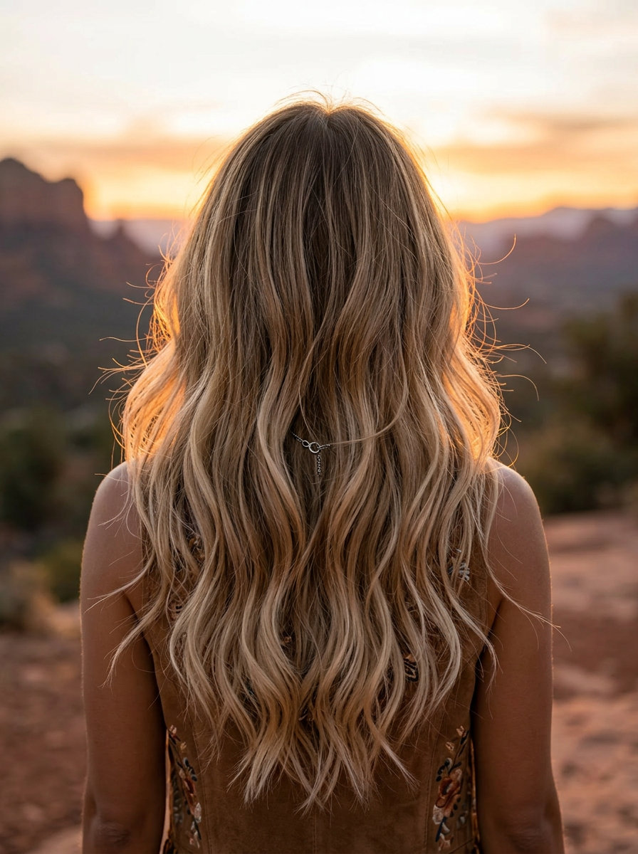 Sun-Kissed Nomad Waves 2026 long dark blonde ombré haircut with sun-etched layers and natural waves for summer
