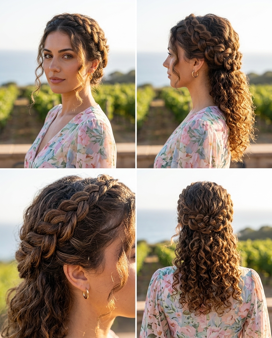 long curly halo braid with rich natural browns and deep black, Dutch braiding technique, romantic mood for summer events