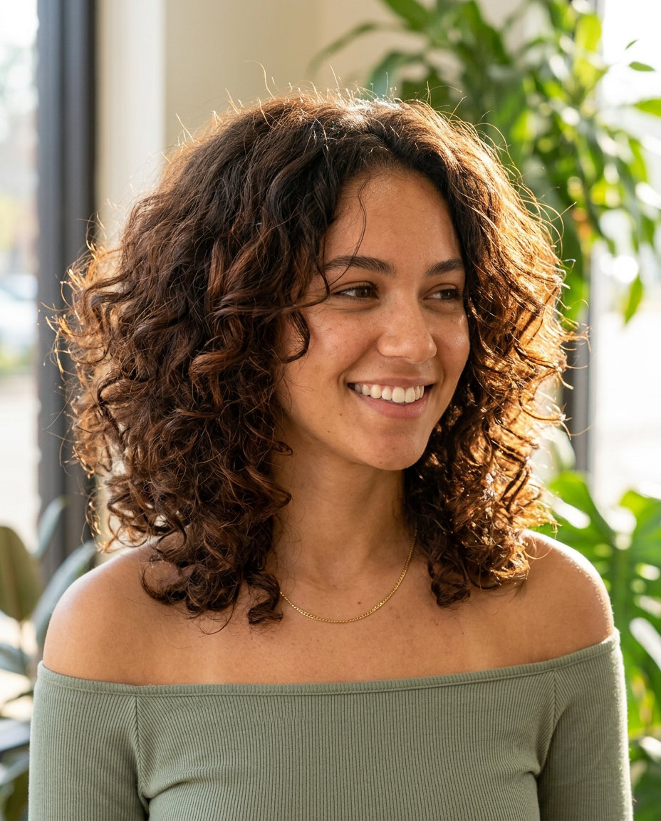 medium-length shag haircut with natural dark brown, weight-removing layers, rounded shape for festival