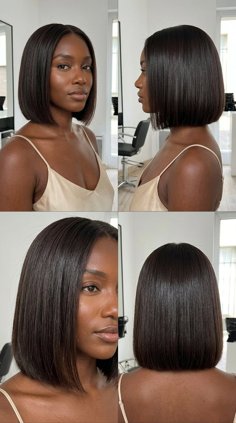 short bob haircut in deep dark chocolate with razor-sharp perimeter for professional events