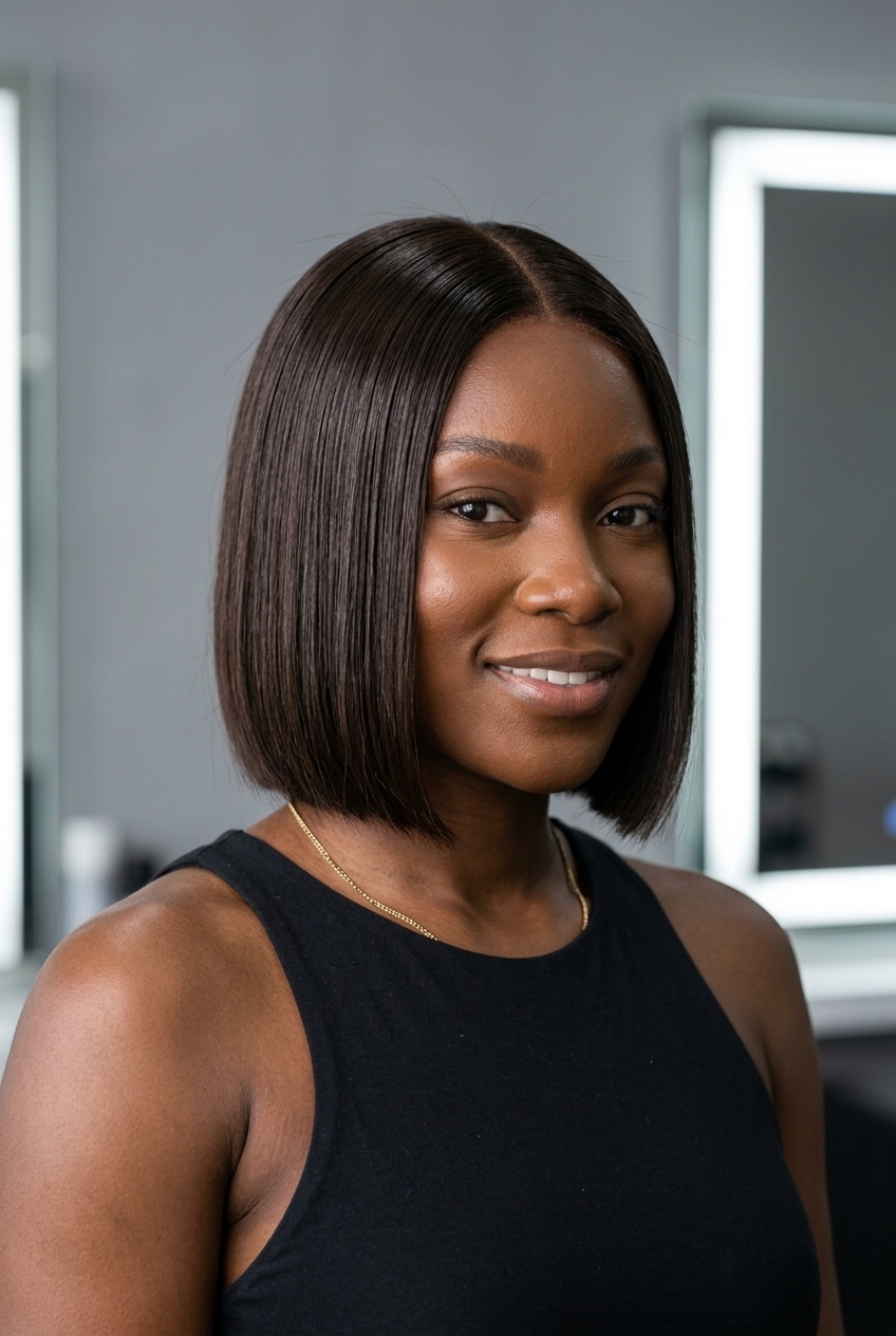 short french bob with dark chocolate, ultra-blunt perimeter for powerful look