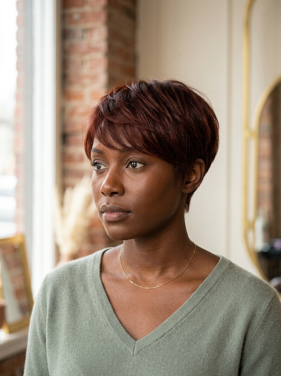 very short pixie haircut with deep auburn, razor-cut edges for earthy textured look