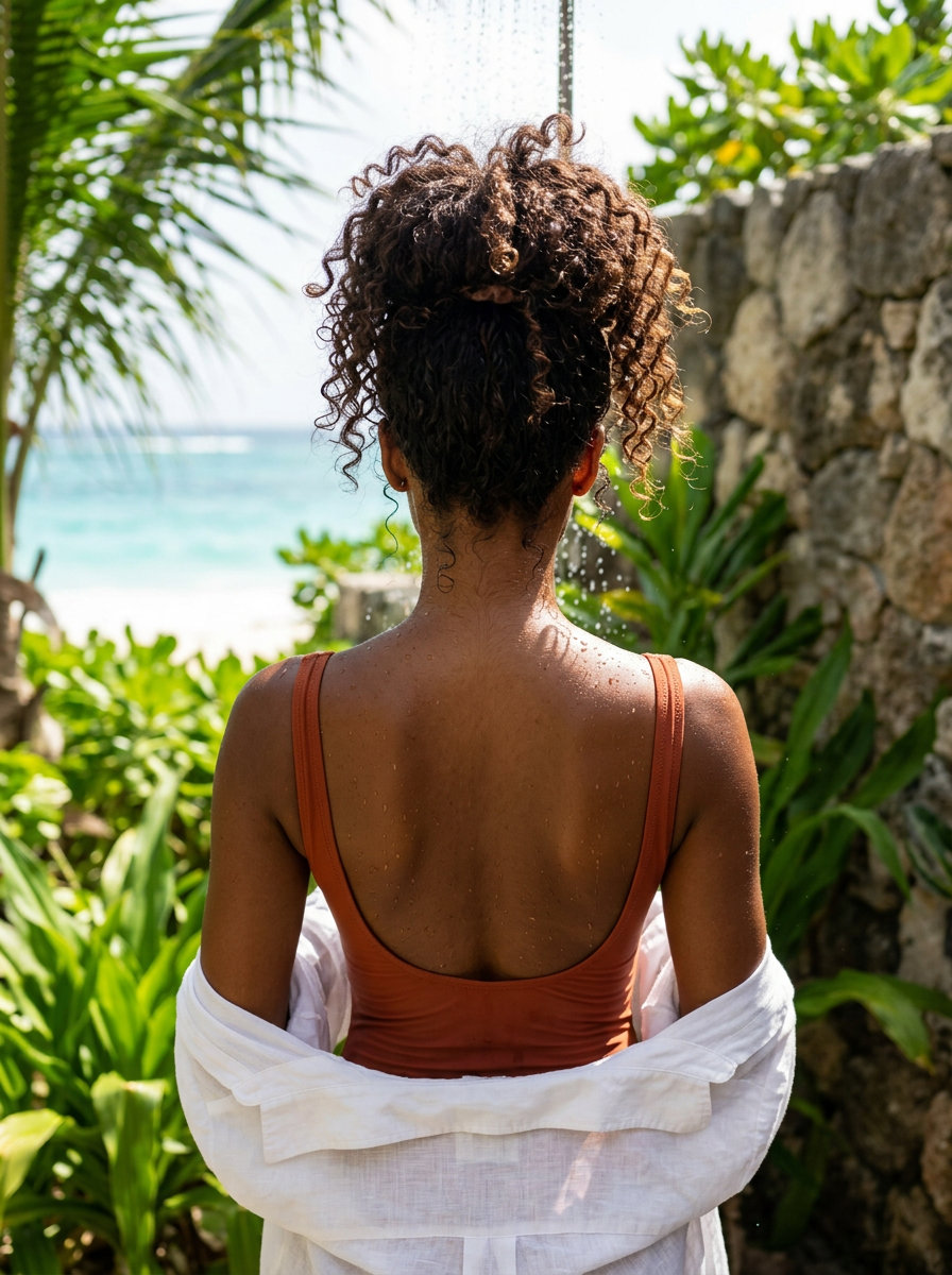 Quick Pineapple Updo 2026: Curly Hair long curly pineapple updo with deep brunette color, scrunchie wrap, no fringe — playful summer hairstyle 2026