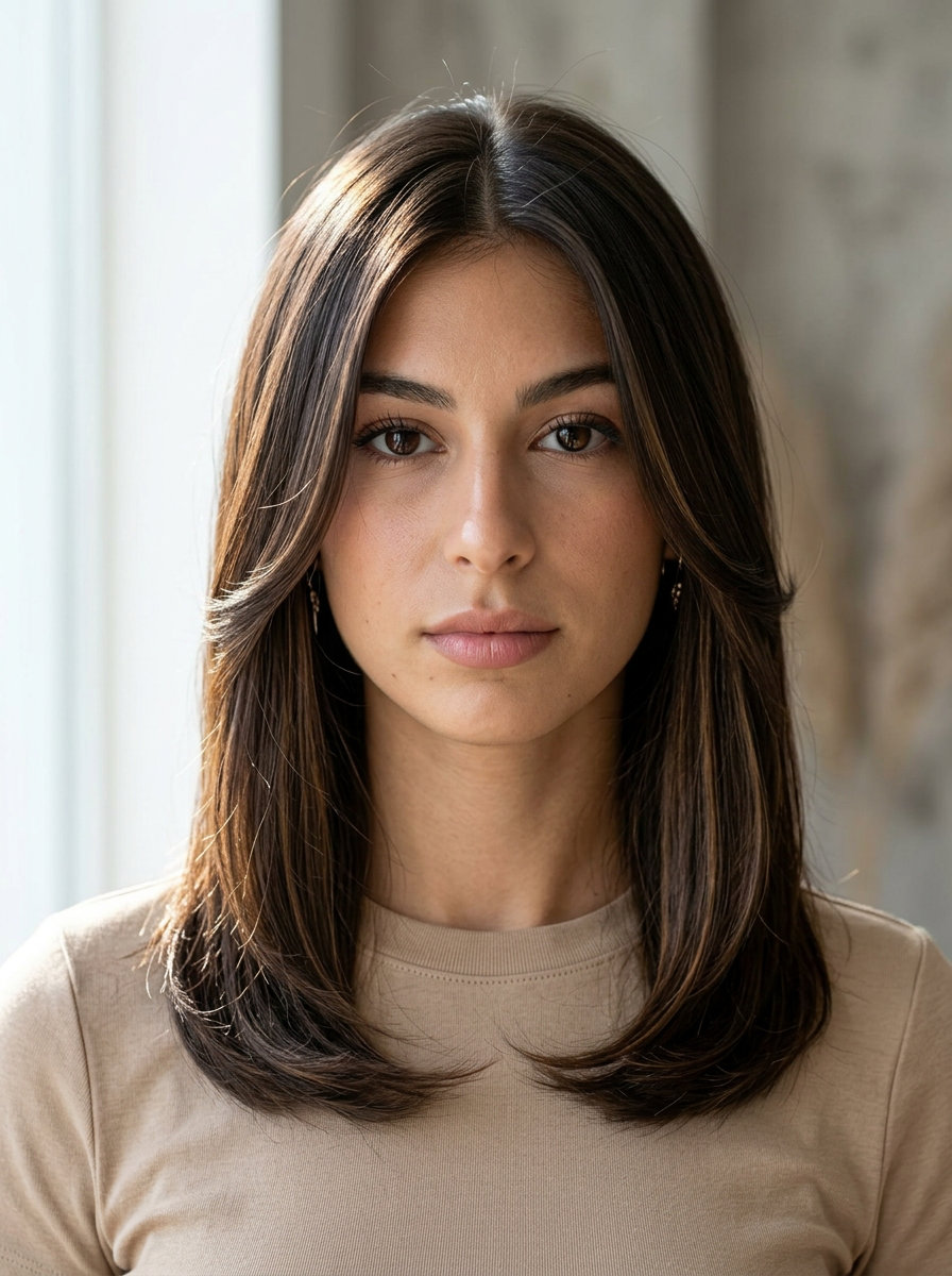 medium curve cut deep brunette with caramel lowlights, seamless face-framing layers, no bangs — sophisticated, clean