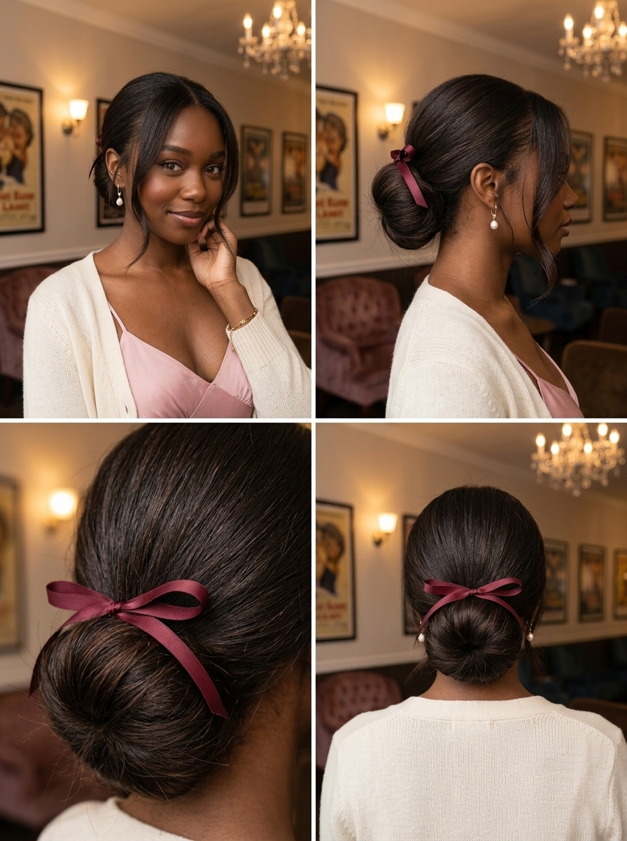Romantic Chignon Updo 2026: Coquette Style long deep chocolate updo with velvet ribbon chignon for romantic elegance