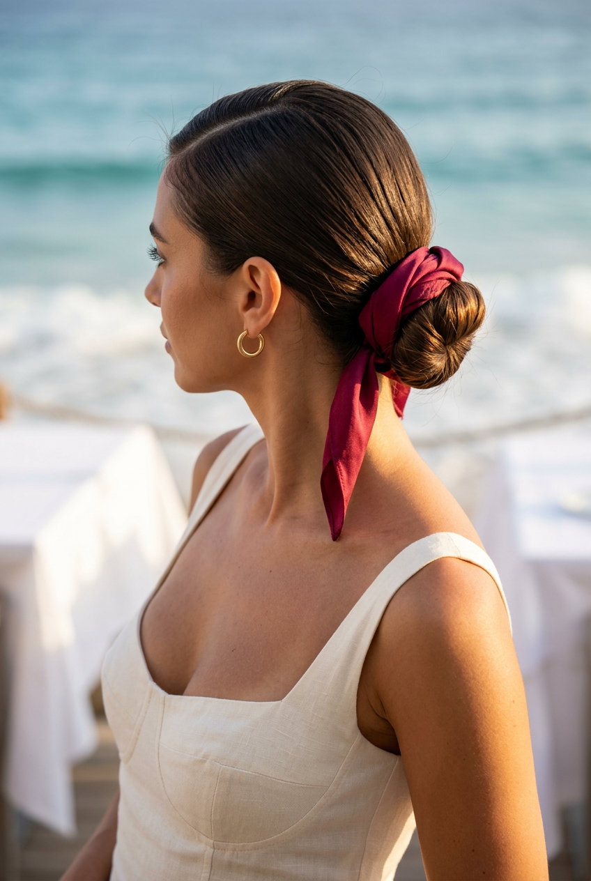 Parisian Sleek Bun: Summer Hairstyles 2026 medium deep espresso sleek bun with scarf accent for sophisticated summer events