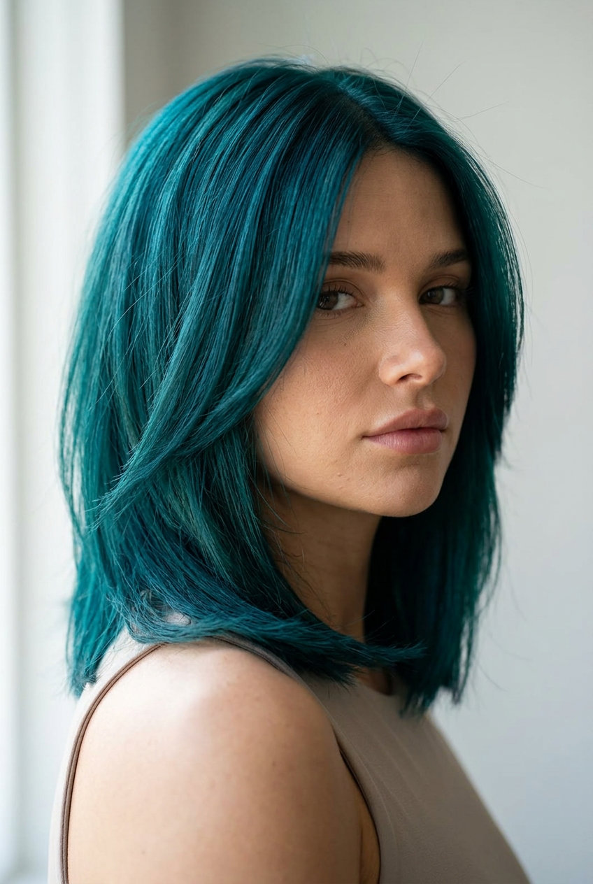 medium lob haircut with deep teal color, internal layers, no bangs — bold futuristic style