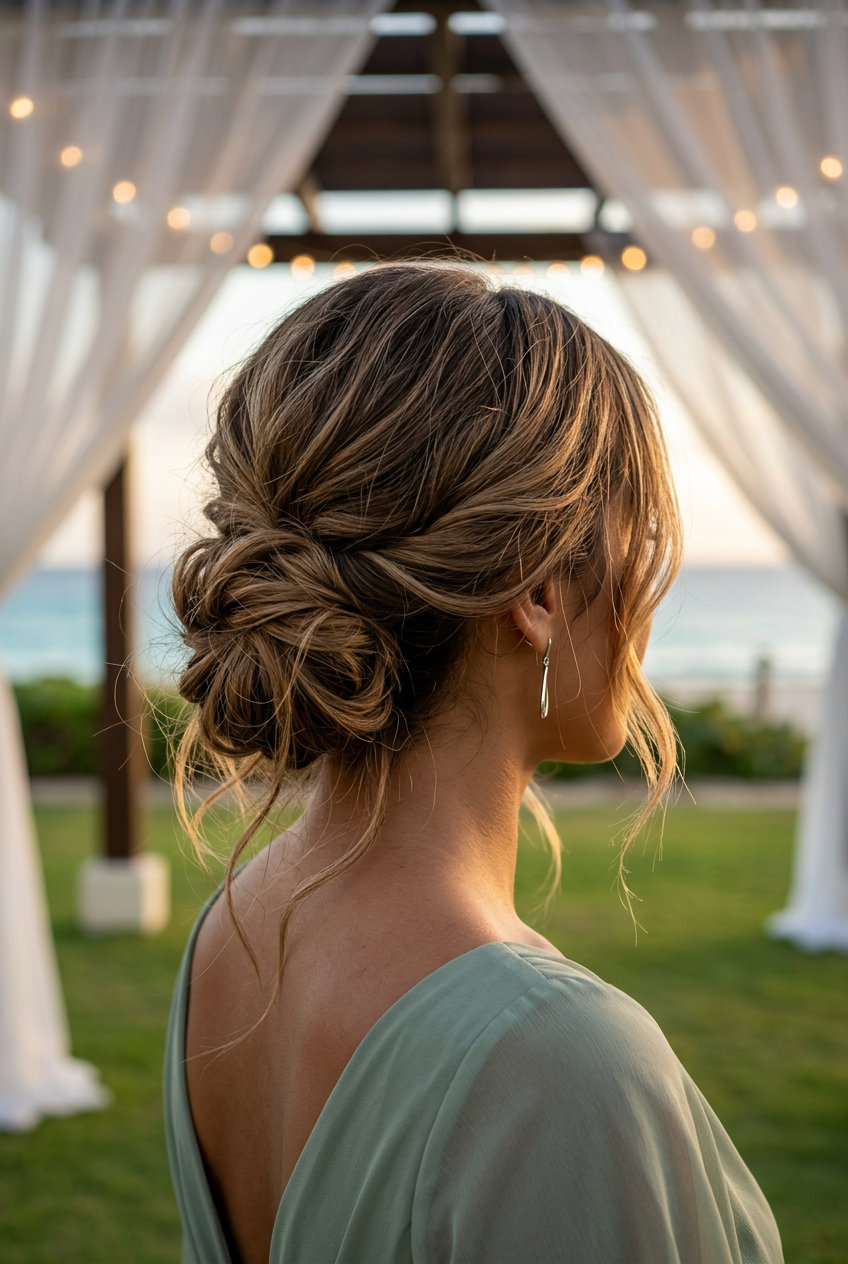Romantic Low Chignon 2026: Brunette long messy chignon with dimensional brunette color, loose twist, face-framing pieces — romantic summer hairstyle 2026