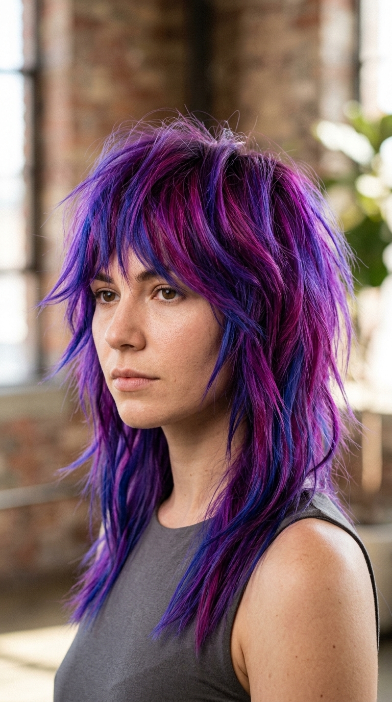 long deconstructed shag haircut in electric blue with choppy layers and edgy bangs for festivals