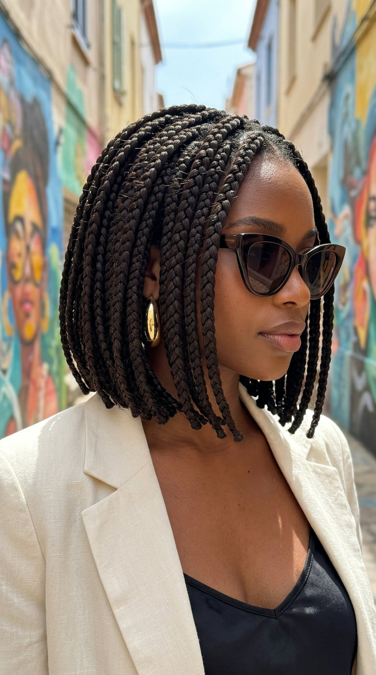 Edgy Braided Bob Hairstyle 2026 long espresso brunette braided bob with blunt ends, no fringe — edgy chic style