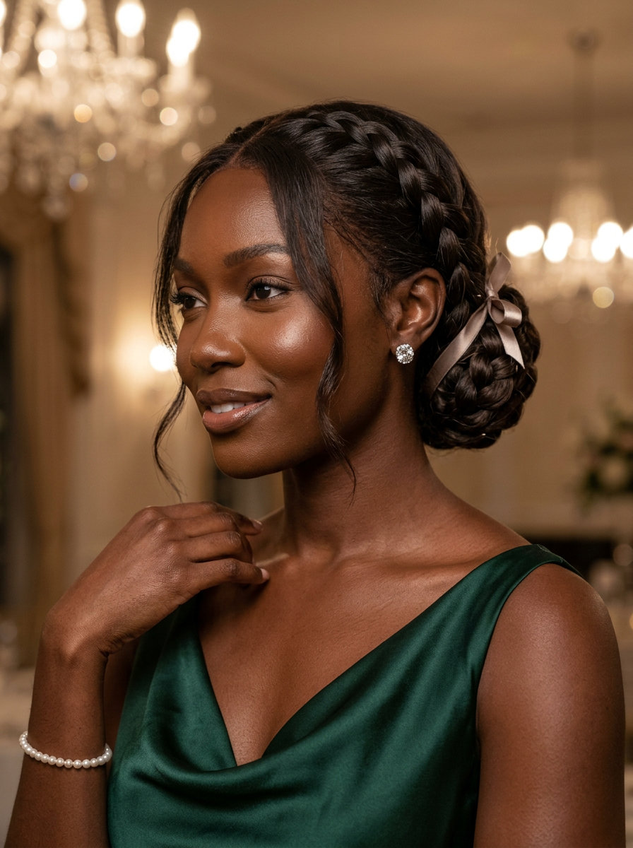 Vintage Glamour Braided Chignon 2026 long espresso brunette braided chignon with satin ribbon, no fringe — vintage formal event