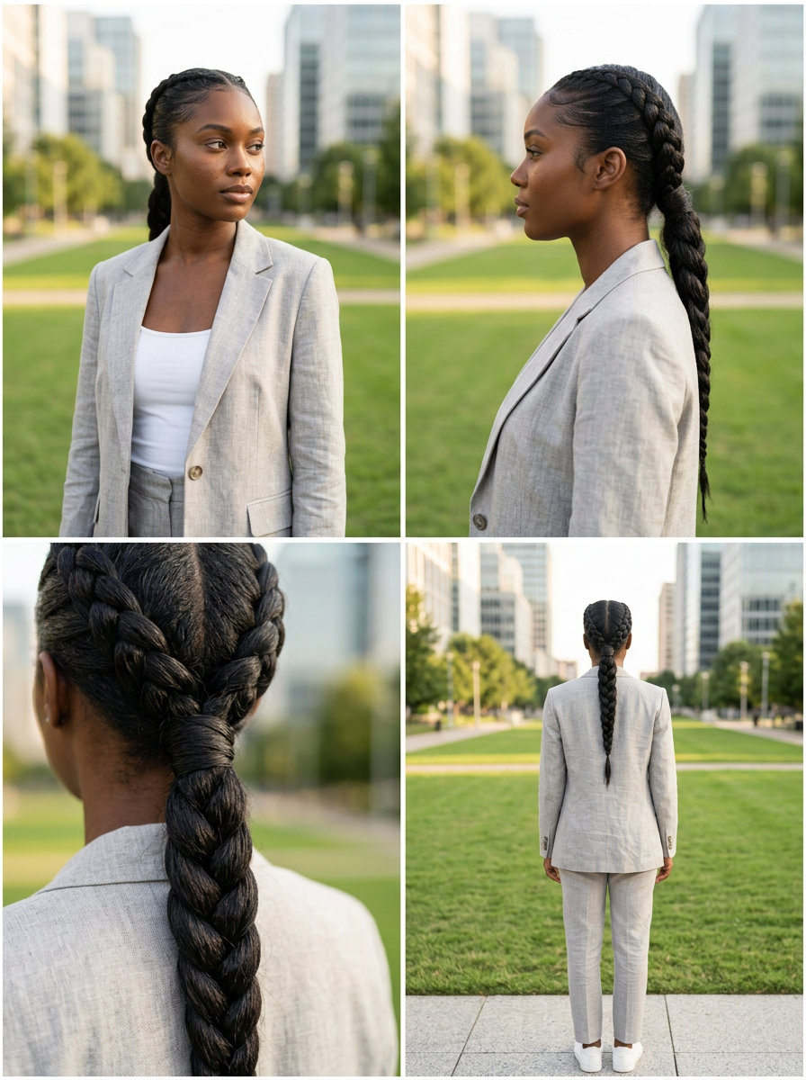 long espresso brown polished french braid pony with structured elegance for summer work