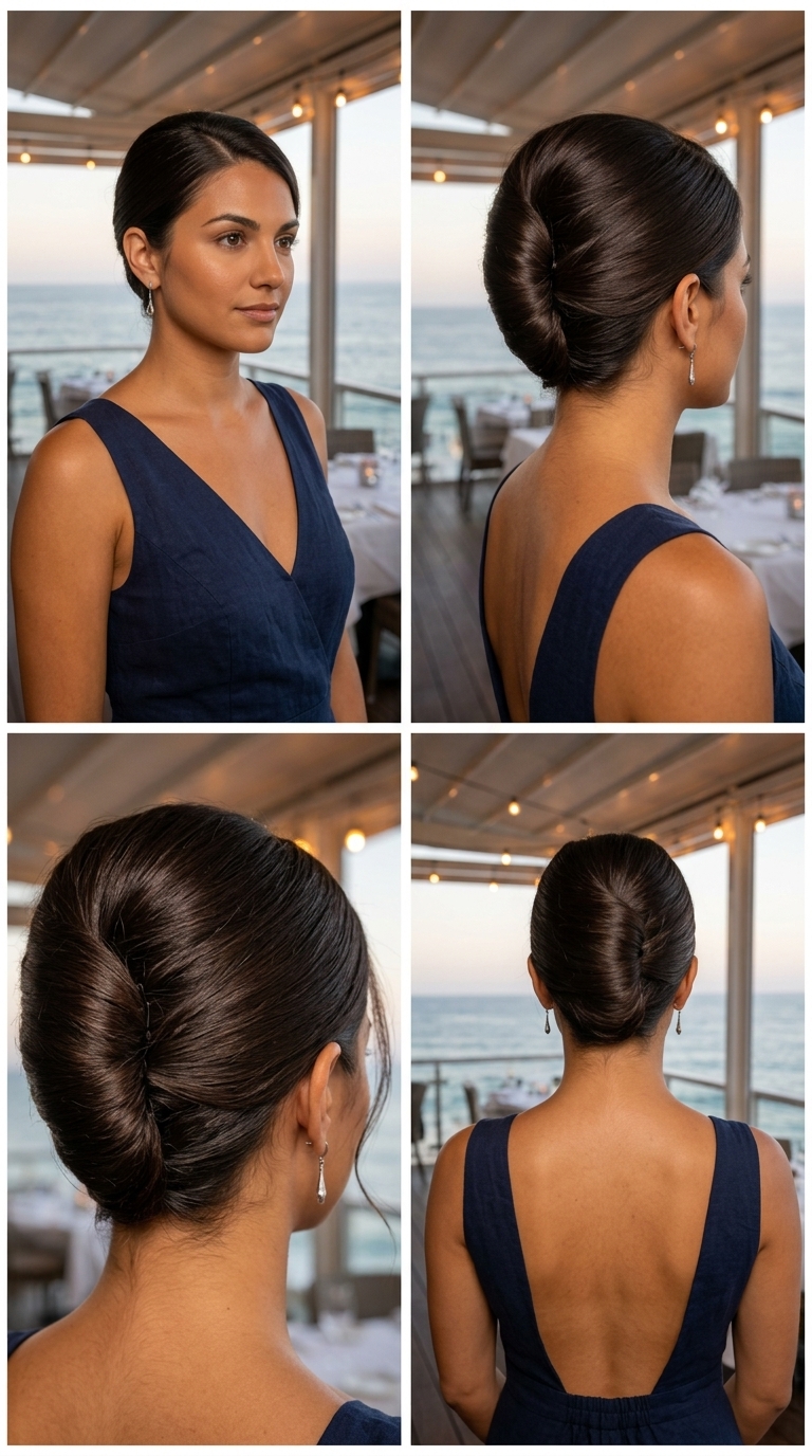 Sleek Summer French Twist: Medium Hair 2026 medium sleek French twist with espresso roast, high-gloss finish, no fringe — sophisticated formal event