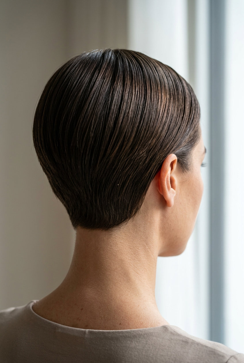 very short pixie haircut in espresso brown with high-gloss finish, blunt cut for sophisticated mood
