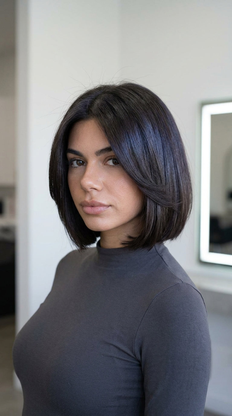 chin-length deep espresso brunette bob with C-shaped face-framing layers and high shine for chicness