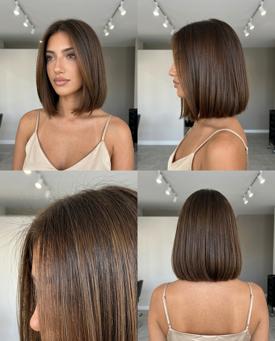 chin-length blunt bob haircut with warm espresso brunette, straight cut, no fringe — chic weekend brunch