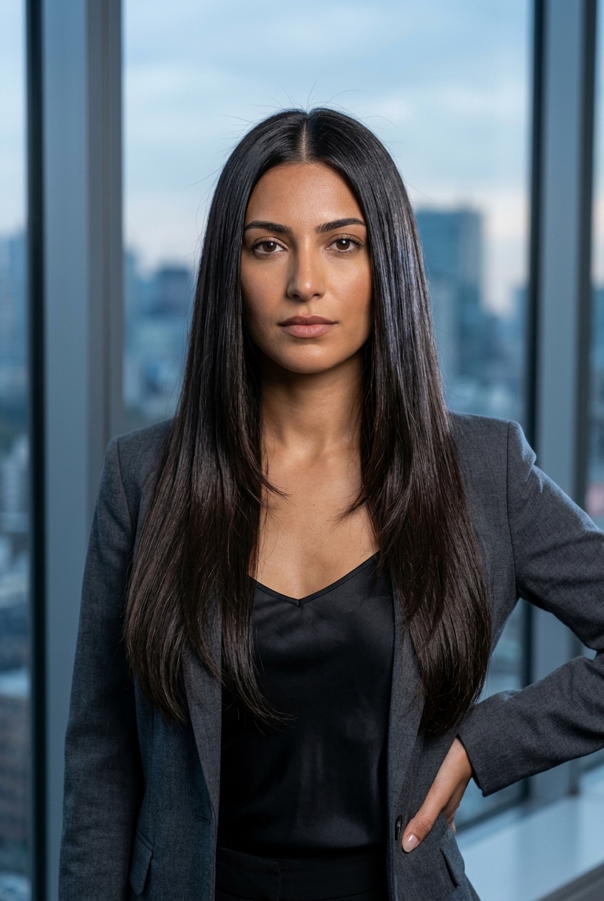 long layered haircut in espresso roast brunette with high-gloss finish, subtle U-cut layers — sleek professional look