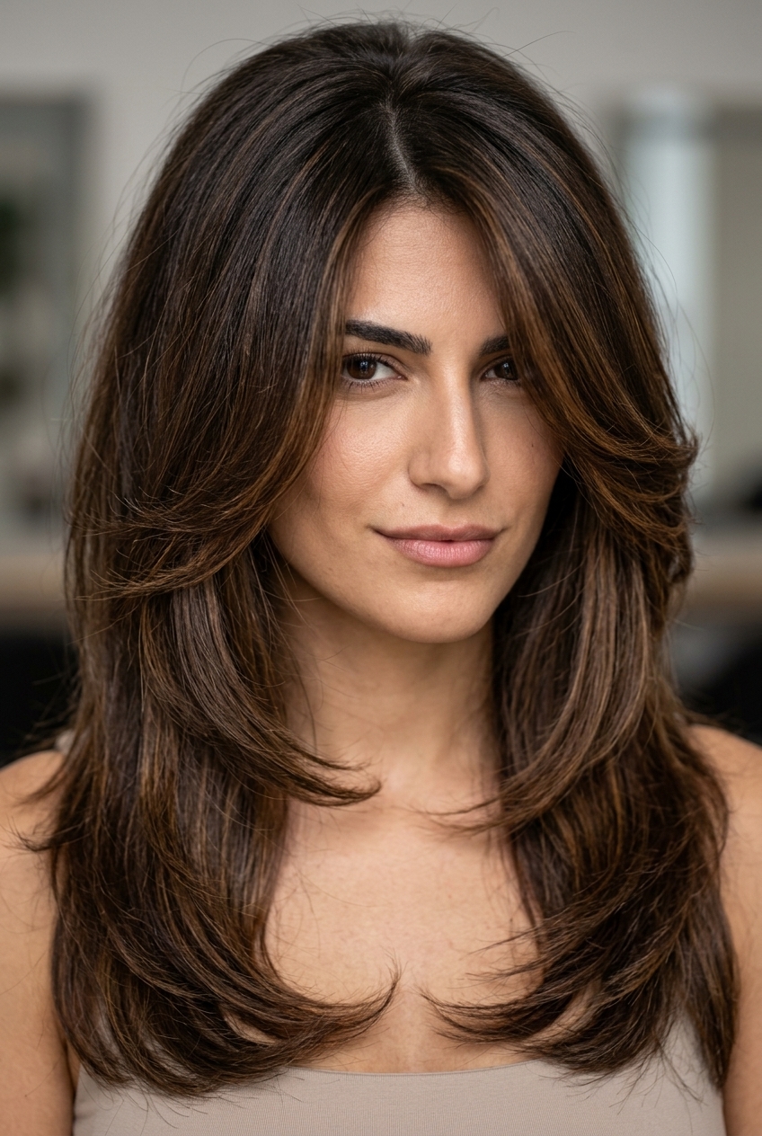 long deep espresso brunette hair with caramel midlights, C-shaped layers and deep side part for glamour