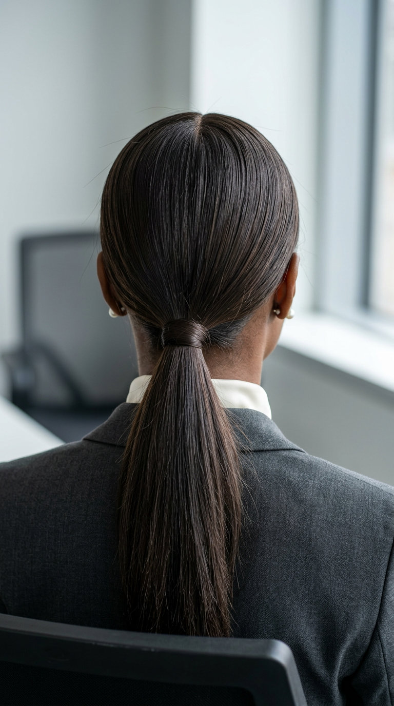 long rich espresso brunette minimalist power pony with middle part for work