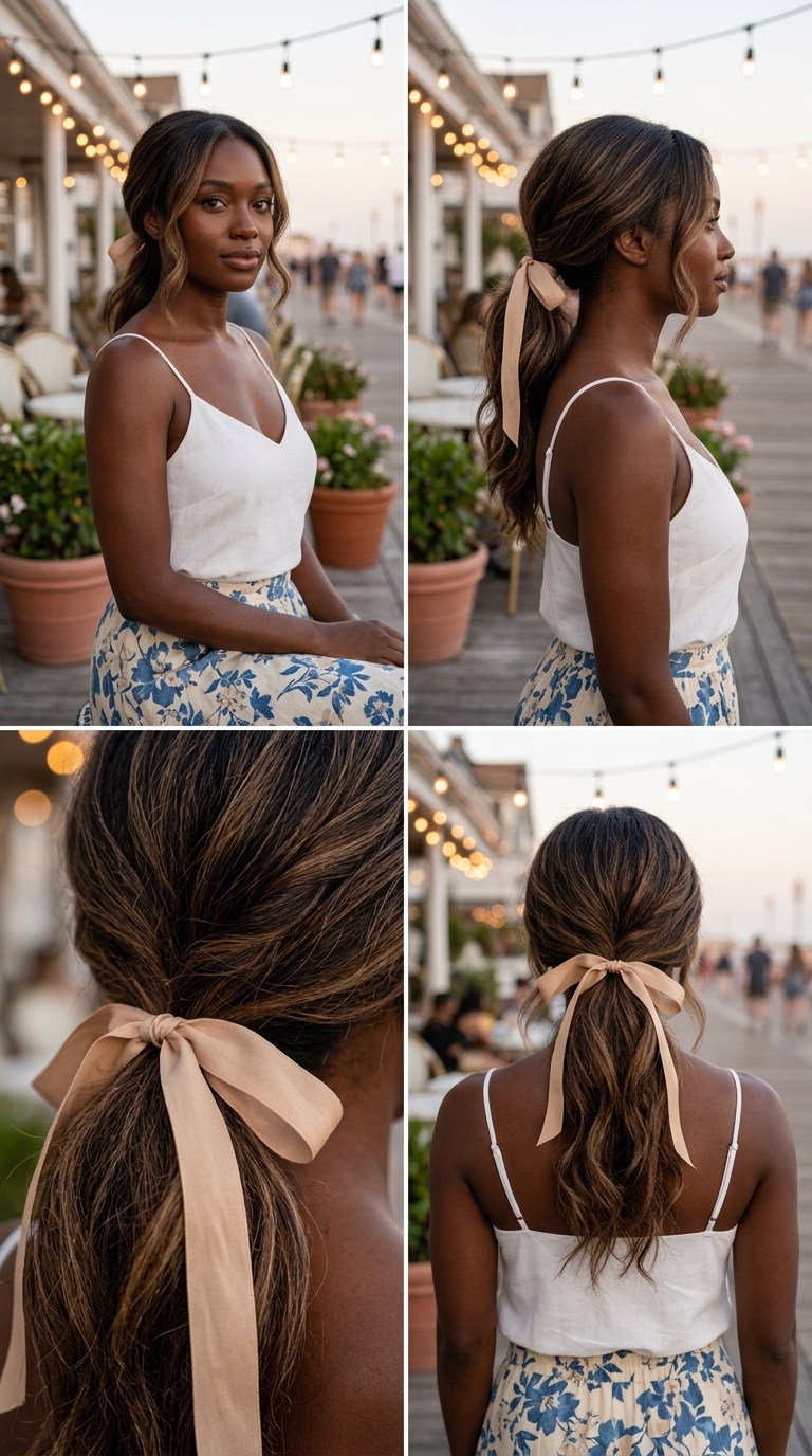 long low ponytail with rich espresso color, ribbon tie and loose tendrils, no fringe — romantic sunset dinner