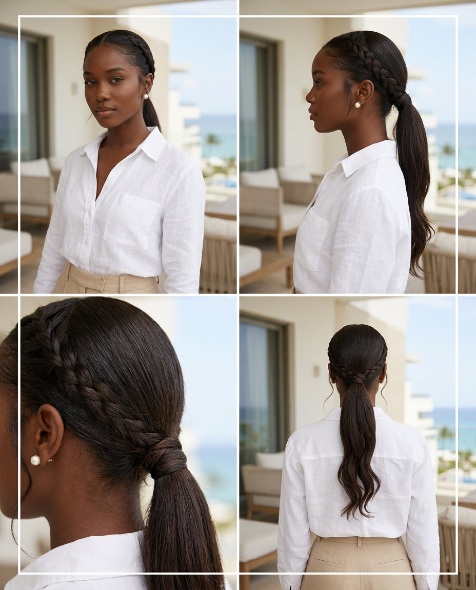 Elegant Braided Ponytail 2026: Classic Summer Style long braided low ponytail with espresso brunette, side braid detail, no fringe for elegant summer