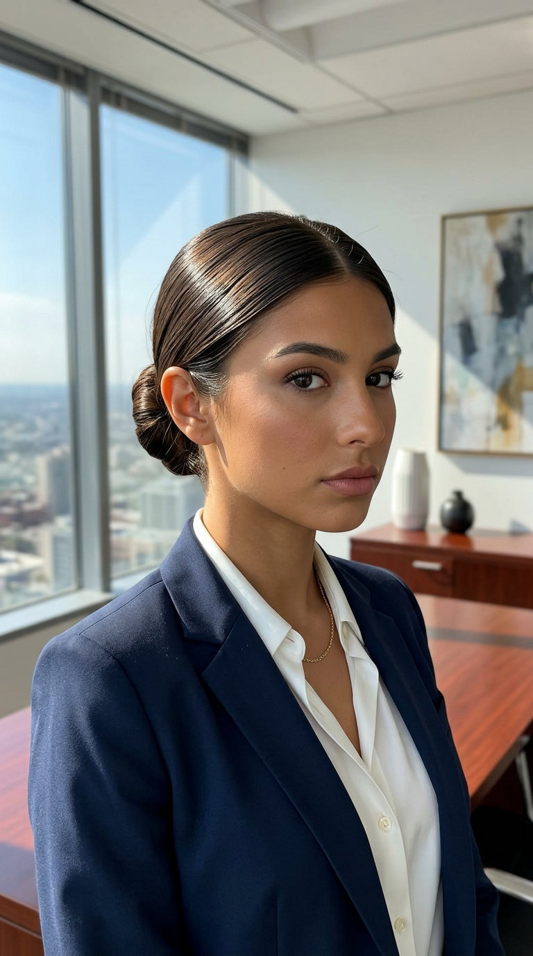long espresso roast brunette sleek low bun with sharp side part for work