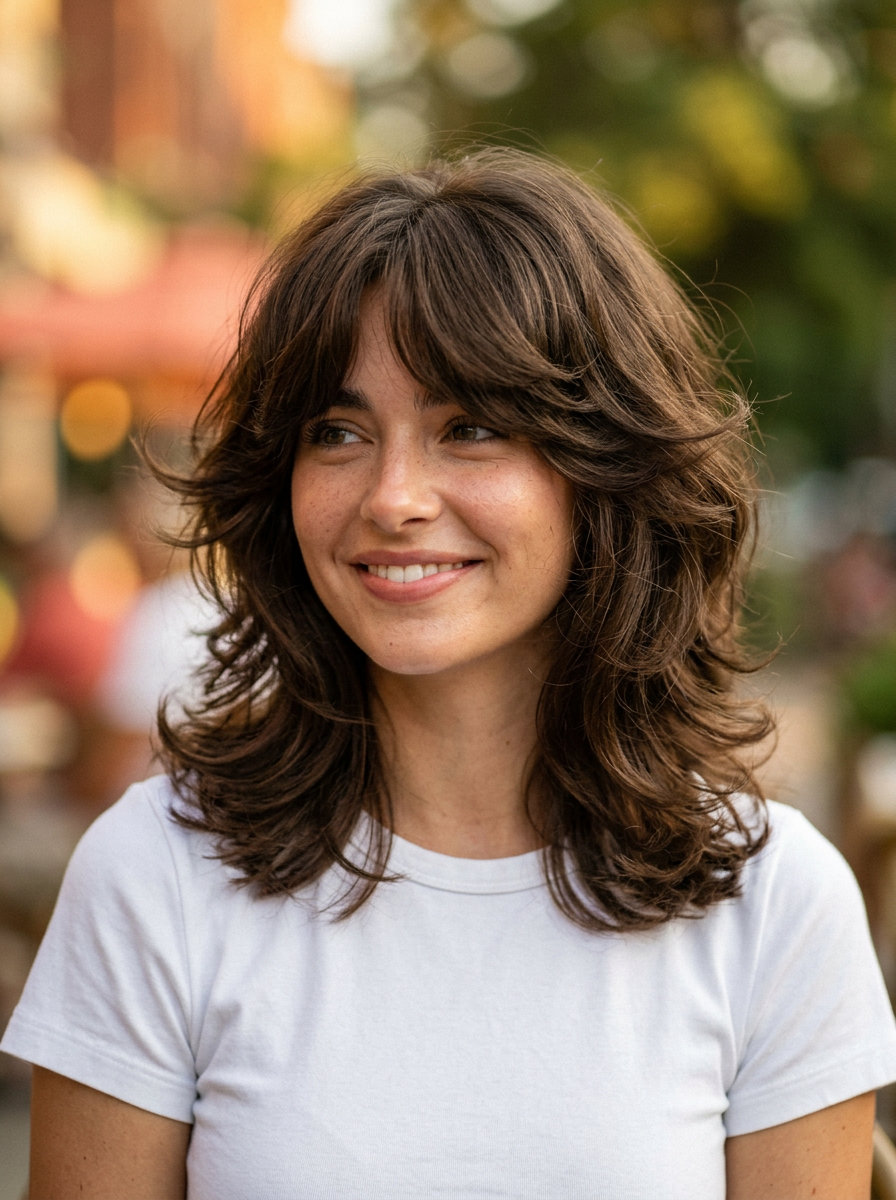 70s Brunette Layered Haircut 2026 medium layered haircut with espresso brunette color, graduated layers, bottleneck bangs — retro voluminous style
